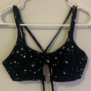 black star tie up swimsuit top cut out gold ring front